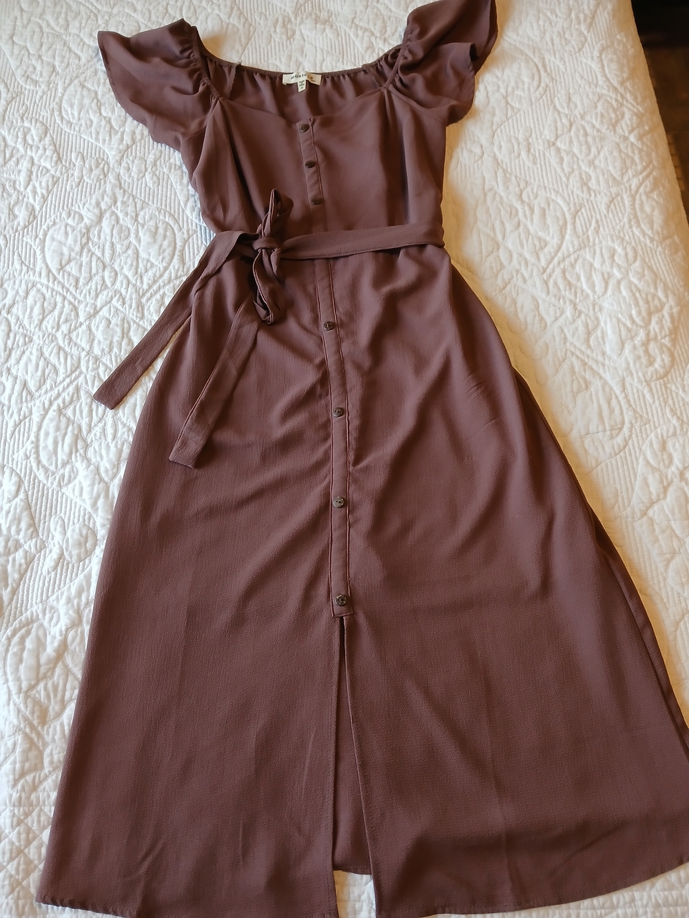 Monteau Mauve-Brown Button-Front Midi Dress with Tie Waist